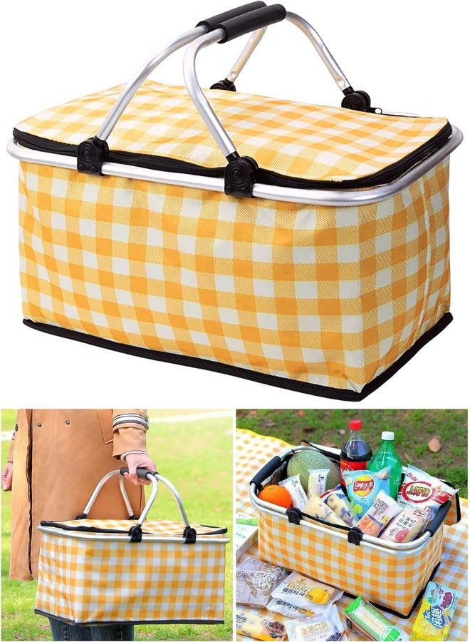 Insulated Picnic Basket 30L Large Capacity Collapsible Thermal Food Basket with Lid – Waterproof Aluminum Foil Lining Oxford Fabric Market Basket with Dual Sturdy Handles – Foldable Picnic Tote for Camping Beach BBQ Grocery Shopping Food Delivery Travel – Yellow Grid Design - Image 1